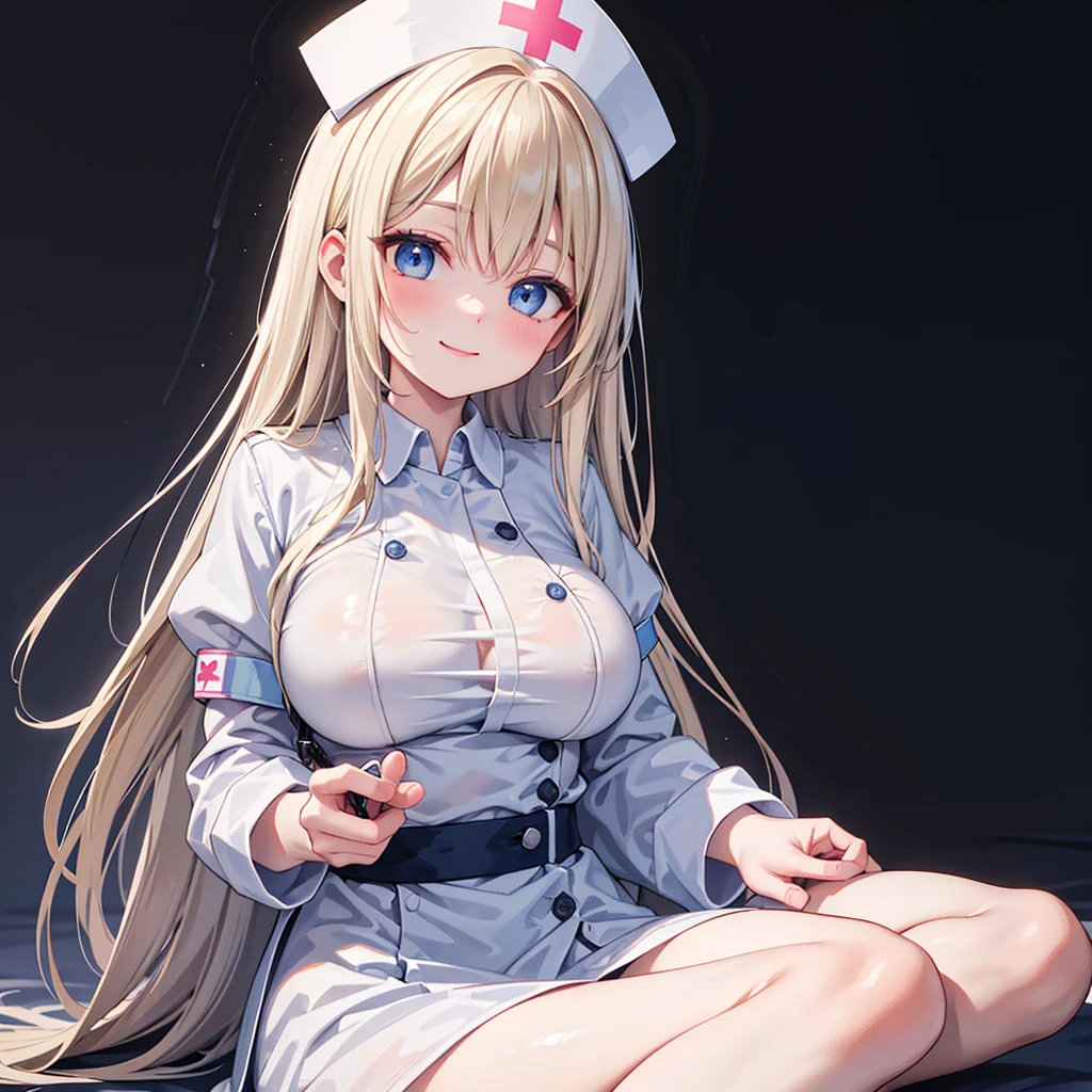One person, High resolution, Gaze, smile, masterpiece, accurate, Highest quality, High-resolution model, High detail, Very detailed, Textured skin, Ultra high definition, Large Breasts, blue eyes, Shortcuts,nurse、nurse、Nurse uniform、Blonde,