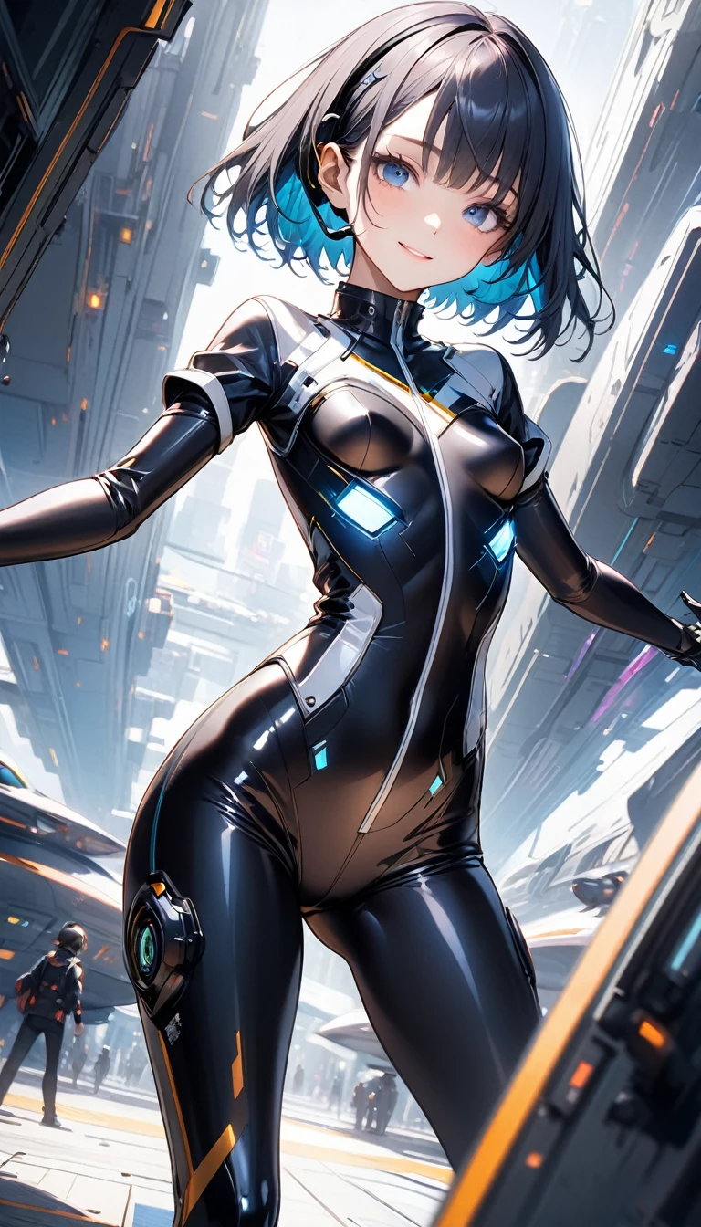 cyber girl in space, blue and black body suit, sci-fi, perfect body, bare legs, dark hair, smiling, beautiful eyes, detailed, masterpiece, high res, high quality, planets, stars