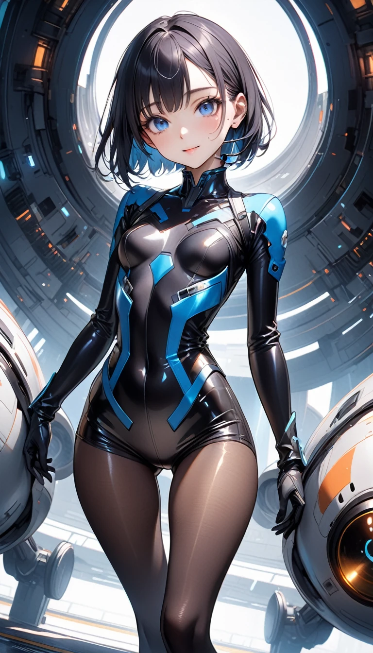 ((Formal Cropped Jacket)), (Cyberpunk Style), ((futuristic sexy bodysuit)), mechanical long boots,, (skirt), (pantyhose), ((Shiny costumes)), skindentation, skinny, alone, 1 female, masterpiece, Highest quality, Highest quality, 16K, Unbelievably absurd, Very detailed, 2.5D, AI-generated, delicate and dynamic, Very delicate look, Delicate eye depiction, erotic, only sexy woman, ((Cute and gentle face)), Healthy body shape, ((25-year-old woman)), Height: 160cm, Medium firmness and swaying bust, Sweat,Embarrassing,sexy, ((Thin thighs)), (Camel Toe:0.7), , (Erect nipples,:0.7), Shiny, Facing directly at the viewer, (((In the heat))), ((Oily_skin)), ((Sweatがたっぷり)), ((Dutch Angle)), ((erotic pose)), (((Highly dynamic poses))), (masterpiece、highest quality、highest resolution、clear_image、detailed details、Angle from above): (full body figure、One 20 year old girl、Japanese faces、small face、Slender、Navy blue super short bob cut hair、(hidden small breasts:1.3)、sparkling blue eyes、Shiny pilot suit in blue and black colors、armor that protects the chest、tight fitting clothes、clothes that cover the whole body、shiny clothes、tight fit pants、hide the skin、very delicate and beautiful、detailed skin、hide thighs、hide your butt、cute type、gentle smile、soft expression、heroine、headset、Knee-high boots、gloves up to the elbow、eye level shot、facing directly、woman on a spaceship)