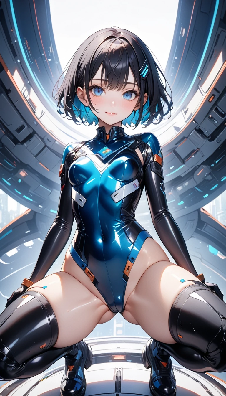 ((Formal Cropped Jacket)), (Cyberpunk Style), ((futuristic sexy bodysuit)), mechanical long boots,, (skirt), (pantyhose), ((Shiny costumes)), skindentation, skinny, alone, 1 female, masterpiece, Highest quality, Highest quality, 16K, Unbelievably absurd, Very detailed, 2.5D, AI-generated, delicate and dynamic, Very delicate look, Delicate eye depiction, erotic, only sexy woman, ((Cute and gentle face)), Healthy body shape, ((25-year-old woman)), Height: 160cm, Medium firmness and swaying bust, Sweat,Embarrassing,sexy, ((Thin thighs)), (Camel Toe:0.7), , (Erect nipples,:0.7), Shiny, Facing directly at the viewer, (((In the heat))), ((Oily_skin)), ((Sweatがたっぷり)), ((Dutch Angle)), ((erotic pose)), (((Highly dynamic poses))), (masterpiece、highest quality、highest resolution、clear_image、detailed details、Angle from above): (full body figure、One 20 year old girl、Japanese faces、small face、Slender、Navy blue super short bob cut hair、(hidden small breasts:1.3)、sparkling blue eyes、Shiny pilot suit in blue and black colors、armor that protects the chest、tight fitting clothes、clothes that cover the whole body、shiny clothes、tight fit pants、hide the skin、very delicate and beautiful、detailed skin、hide thighs、hide your butt、cute type、gentle smile、soft expression、heroine、headset、Knee-high boots、gloves up to the elbow、eye level shot、facing directly、woman on a spaceship)