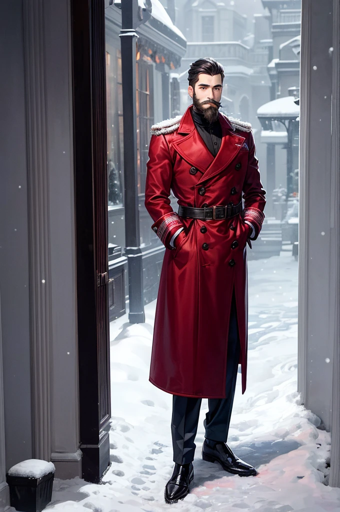 A 21-year-old young rich man with a small beard and big mustache, wearing a lush bluish pent coat and a red muffler. Snow-covered ground and icy environment. Dark, cold night with heavy snowfall. standing in front of grand mansion entrance door, looking outside at the snow, snowy and cold environment.