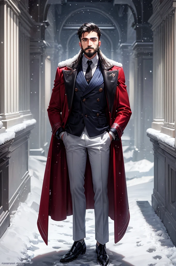 A 21-year-old young rich man with a small beard and big mustache, wearing a lush bluish pent coat and a red muffler. Snow-covered ground and icy environment. Dark, cold night with heavy snowfall. standing in front of grand mansion entrance door, looking outside at the snow, snowy and cold environment.