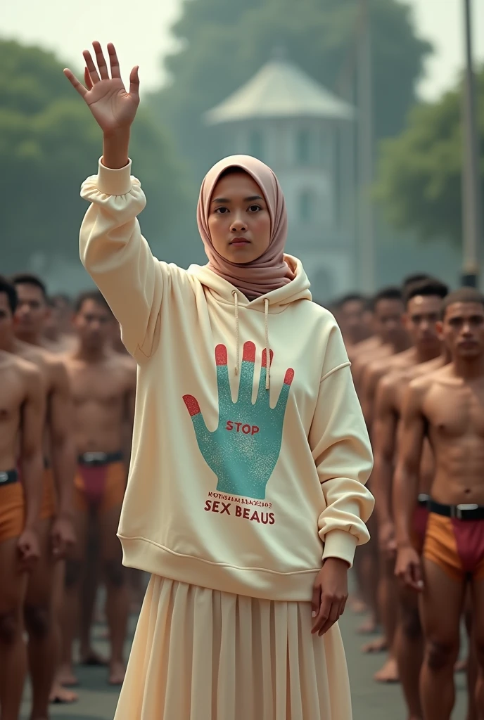 A hijaber indonesian pretty woman, wearing a cream hoodie with a strong vector design featuring a silhouetted image of a five-fingered palm in pastel colour with love and light. The phrase "STOP NORMALISASI SEX BEBAS" is displayed in bold simple elegand, distressed typography with pastel colours, while holding her long skirt, wearing hijab, one-handed pose pointing upwards, in a public place, surrounded by many naked men, jav idol, with front shooting angle, very realistic, (complex detail: 0.9), (hdr, hyperdetail: 1.2), RAW, Sony Alpha a9 II, 24-105mm f/4, HDR,