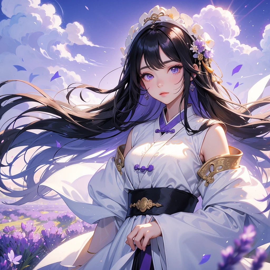 A beautiful girl with black long hair, wear white ancient chinese clothes, Stroll among the purple lavender fields , There are some floating clouds,, with the sun shining on her face, close up.