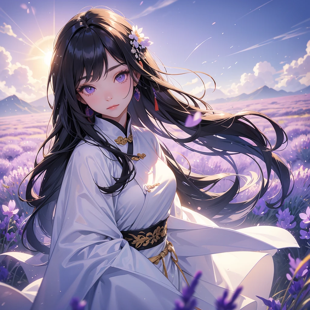 A beautiful girl with black long hair, wear white ancient chinese clothes, Stroll among the purple lavender fields , There are some floating clouds,, with the sun shining on her face, close up.