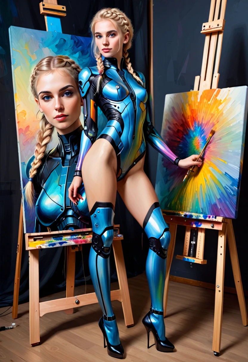 (full-length:1.1), sexy cyborg woman, self-portrait, oil paints, (french braid:1.1), (blonde hair:1.1), easel, paints, artist, standing