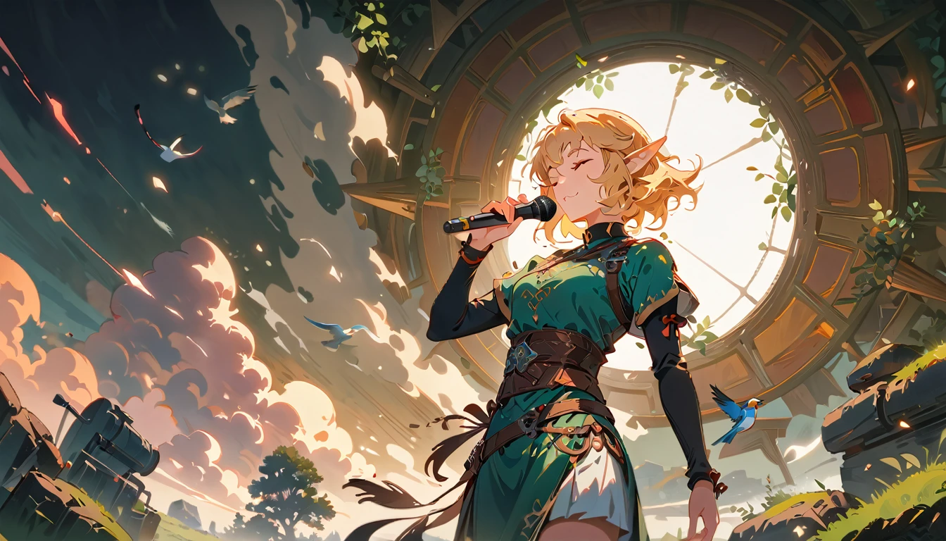 Female Adventurer, whole body, Game Art Style, (masterpiece), best quality, high resolution, 4K, 8k, More details, intricate details, movie lights, amazing quality, 1 girl, bird、bard、Herb Play、Singing Passionately with Eyes Closed、elf ears、Ash blonde hair, Excellent Shading, soft lighting, Face Camera, perfect eyes


