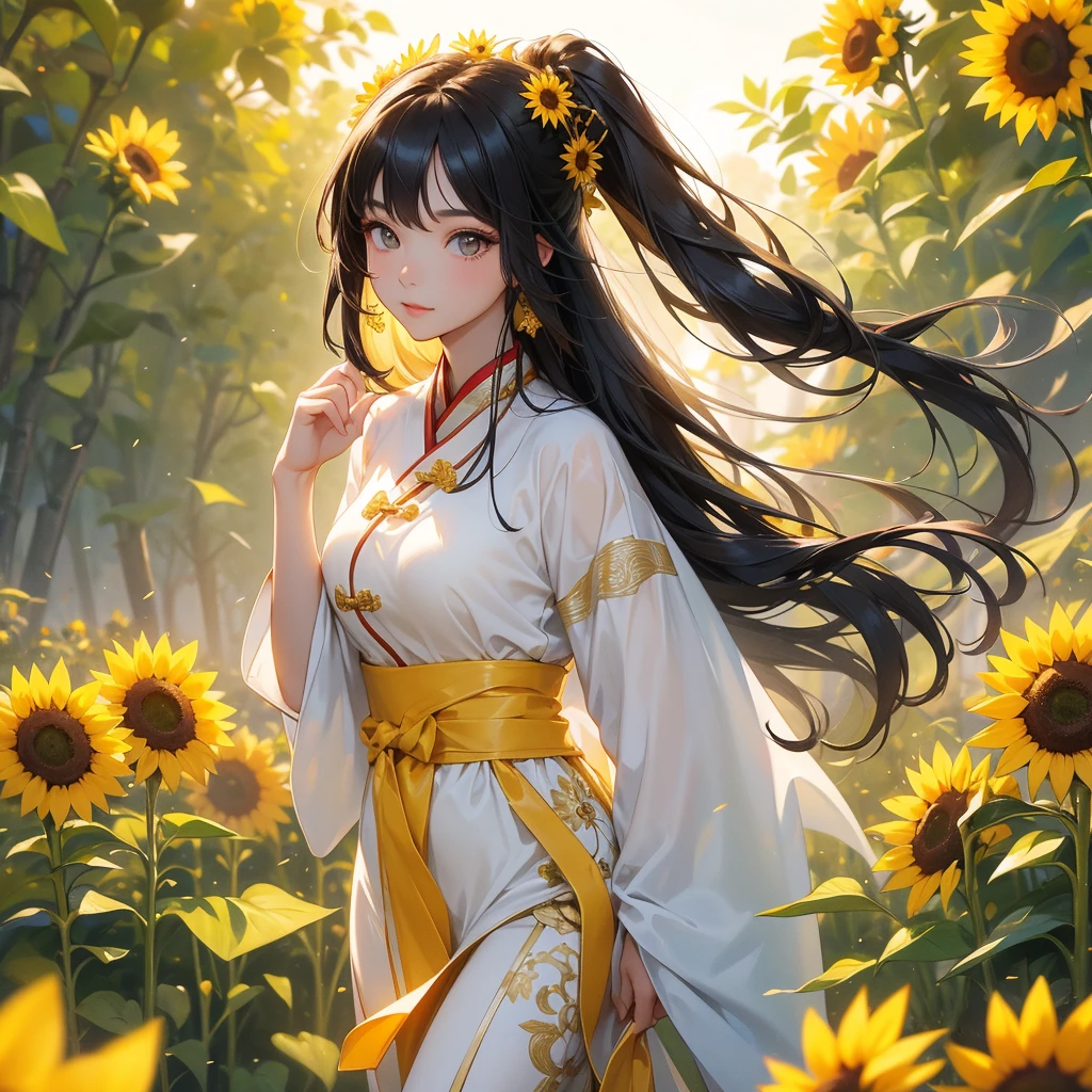 A beautiful girl with black long hair, wear white ancient chinese clothes, Walking Strolling among the sunflower fields Glowing yellow, with the sun shining on her face, close up.
