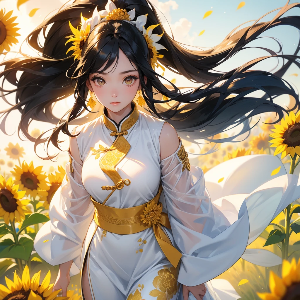 A beautiful girl with black long hair, wear white ancient chinese clothes, Walking Strolling among the sunflower fields Glowing yellow, with the sun shining on her face, close up.