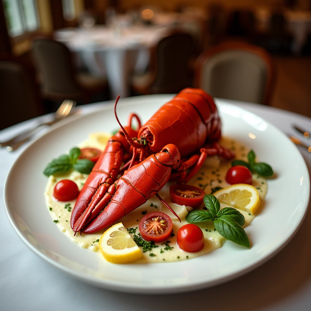 Dining room，A large white plate，A bright red Boston lobster，Some lemons around，tomato，basil leaves