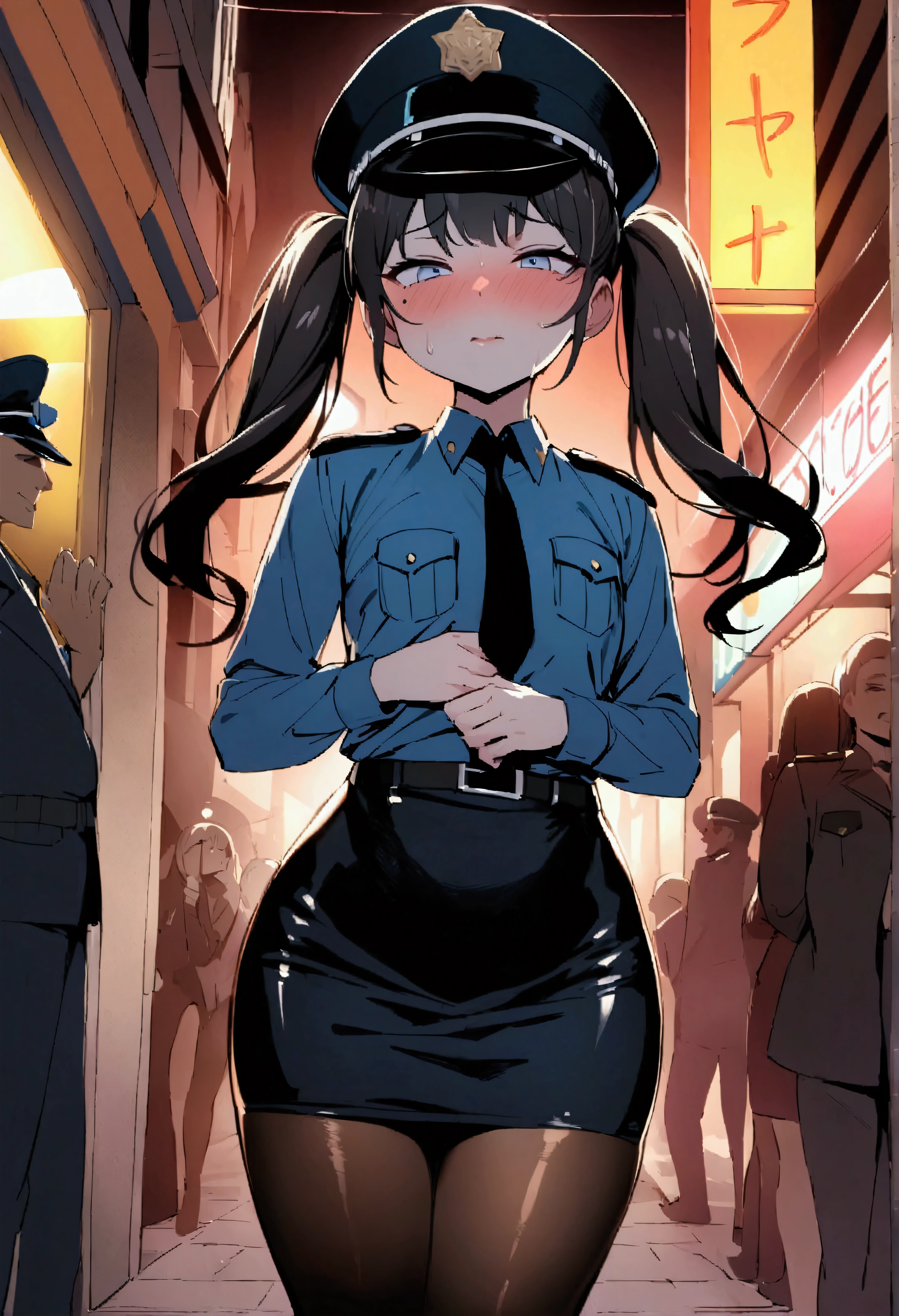 NSFW,masterpiece,Highest quality,High resolution,Very detailed,Baby-faced girl,Young face,Round face,mole,long hair,Twin tails,Short height,Police Officer,hat,Pencil Skirt,pantyhose,Heel,Nightlife,In town,(Molester),Embarrassed,(Lustful face),I feel,(Love juice drips),Trembling,(Middle-aged men),Embrace,Fingering