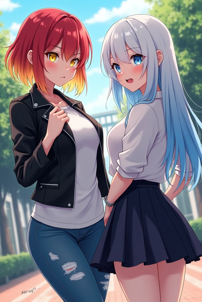 2 girls, school yard, BREAK (masterpiece:1.2), best quality, high resolution, unity 8k wallpaper, (illustration:0.8), (beautiful detailed eyes:1.0), extremely detailed face, perfect lighting, extremely detailed CG, (perfect hands, perfect anatomy), (1 girl, curvy,  with short red hair and yellow streaks, yellow eyes, black leather jacket, white t-shirt, torn jeans, mischievous smile), (1 girl, curvy with long white hair with blue streaks, light blue eyes, white blouse, black pleated skirt, cold face), hot anime style