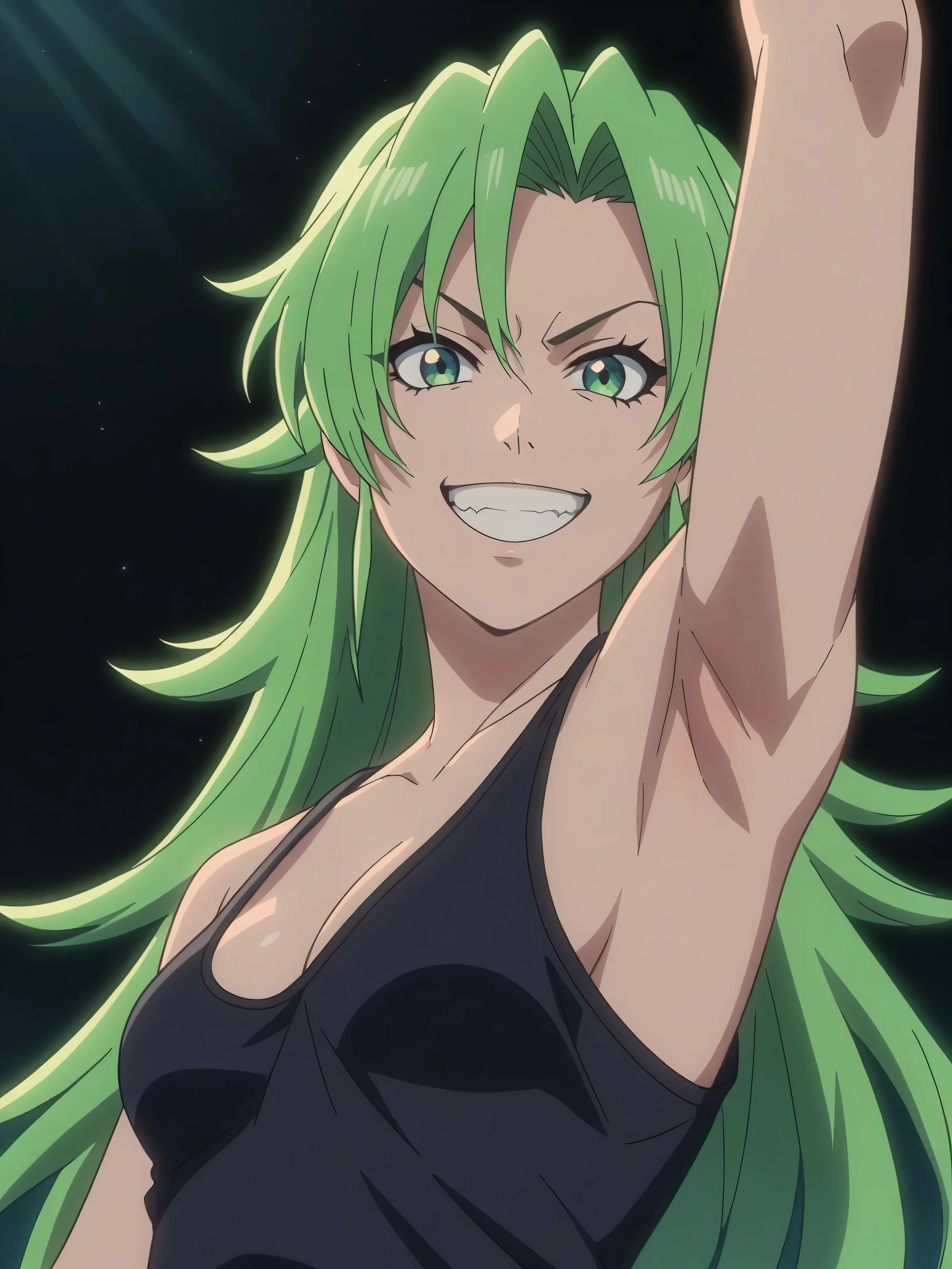 score_9, score_8_up, score_7_up, source_anime, anime screencap, black background, 1girl, solo, Candice Catnipp, green hair, long hair, green eyes, medium breasts, cleavage, collarbone, tank top, black tank top, sleeveless, bare shoulders, looking at viewer, eye contact with viewer, evil smile, grin, teeth, arm up, raised arm, armpit, (from side, from below:1.1) 