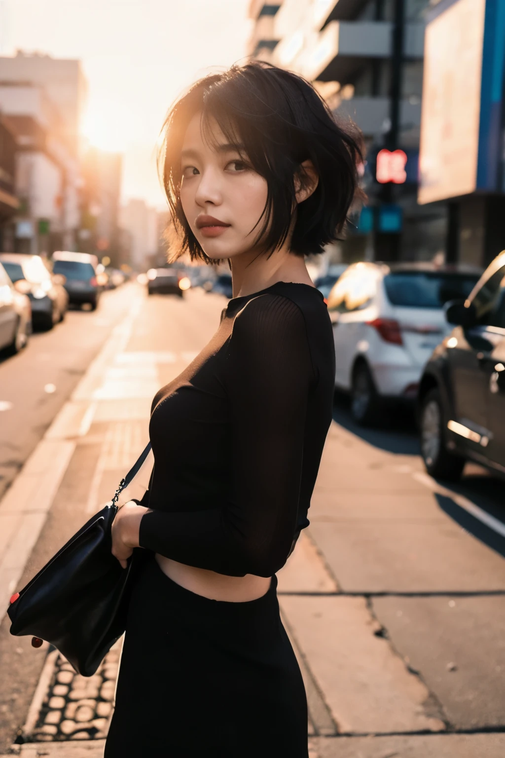 Woman walking in the city at sunset,Beautiful Japanese,Black Hair,Short Hair,