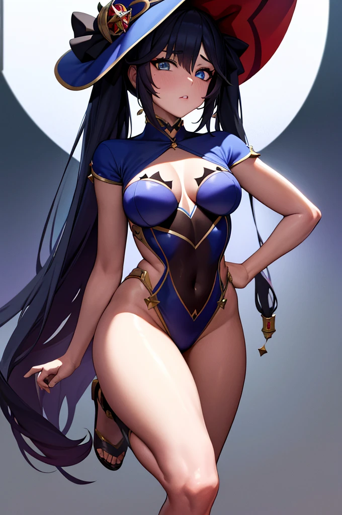 mona, blue eyes, hair between eyes, twintails, very long hair, purple hair, hat, (small breast:1.2, big hips:1.2), witch hat, , (full body), (masterpiece), (best quality), ultra high res, ultra detailed, detailed eyes, intricate, 1girl, looking at viewer, collarbone, ((big hips, tight clothes, cleavage, looking at the viewer)), (abs:0.8), blushed, (realistic:1.2), (realism), (masterpiece:1.2), (best quality), (ultra detailed), (8k, 4k, intricate), (85mm), light particles, lighting, (highly detailed:1.2), (detailed face:1.2), (gradients), colorful, (detailed eyes:1.2), (detailed background), detailed landscape, (dynamic angle:1.2), (rule of third_composition:1.3), (Line of action:1.2), seducing pose,