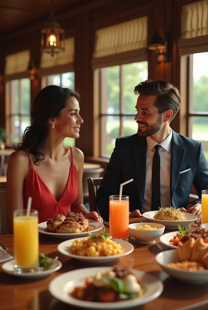 (Close-up of a better masterpiece:1.5)0.9], a classic restaurant, two individuals, a woman and a man are seen sitting at a dining table, in a restaurant, there is a background of a building made of wood... the dining table is full of food, and juice drinks