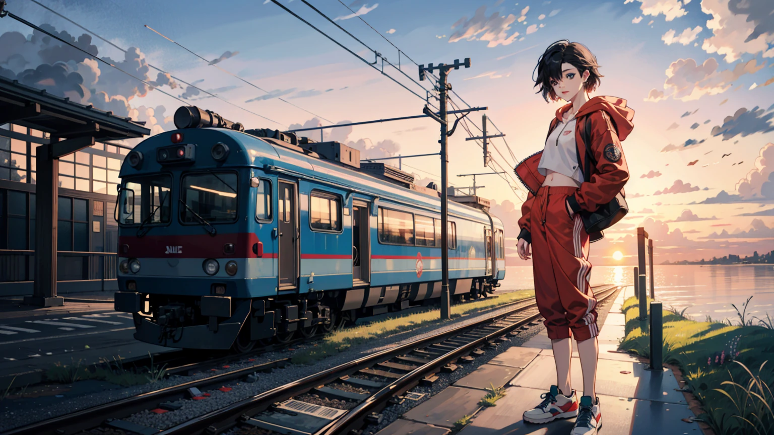 (best quality), ((masterpiece)), (highres), illustration, original, extremely detailed, 1girl, headphones, solo, Electric guitar Amplifile Guitar, sky background, midriff, pants, blue eyes, hair over one eye, simple background, shoes, black hair, long hair, hood, full body, red jacket, looking at viewer, hoodie, sneakers, hoop earrings, crop top, red pants, standing, jacket, baggy pants, there is a train crossing on the tracks near the ocean, traffic light, beautiful anime scene, ( ( makoto shinkai ) ), anime landscape, beautiful anime scenery, anime movie background, makoto shinkai. —h 2160, makoto shinkai cyril rolando, anime beautiful peace scene, anime background art, anime scenery, anime background, colorful anime movie background