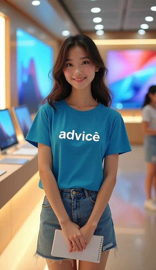 A beautiful Thai girl wearing a blue T-shirt with the words printed on it "ADVICE", Wear a short jean skirt, (((Standing holding a notebook))) In a tablet computer store