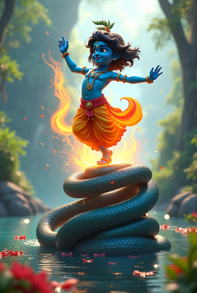 Generate 3d animated cartoon style Krishna dancing on huge big Kaliya Naag’s head, each step releasing divine energy, as the serpent writhes in pain and awe.
