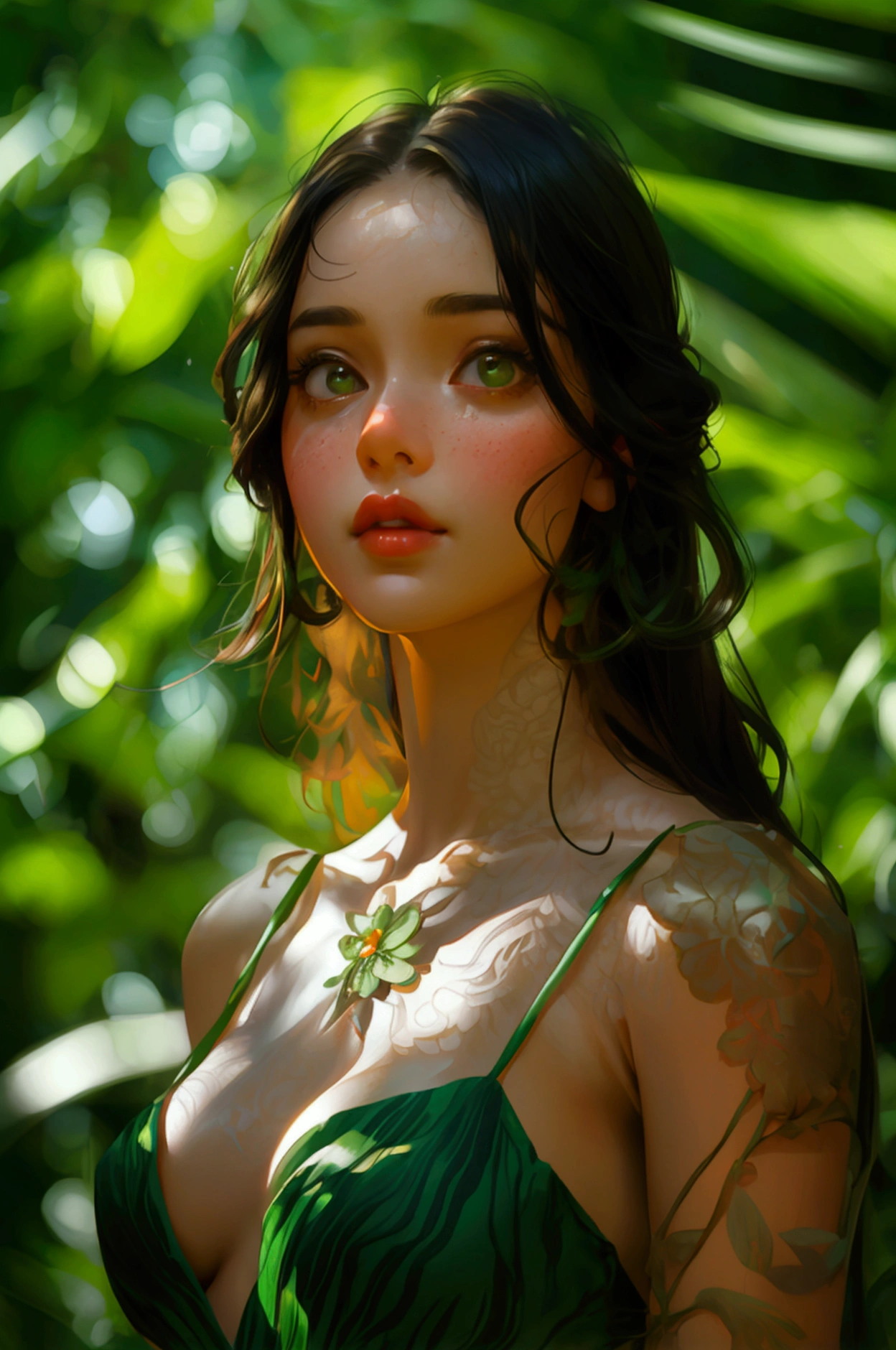 beautiful girl standing in a jungle on podium , passionately speaking about the benefits of green trees, lips moving , full girl, cute girl, very beautiful background wearing green dress