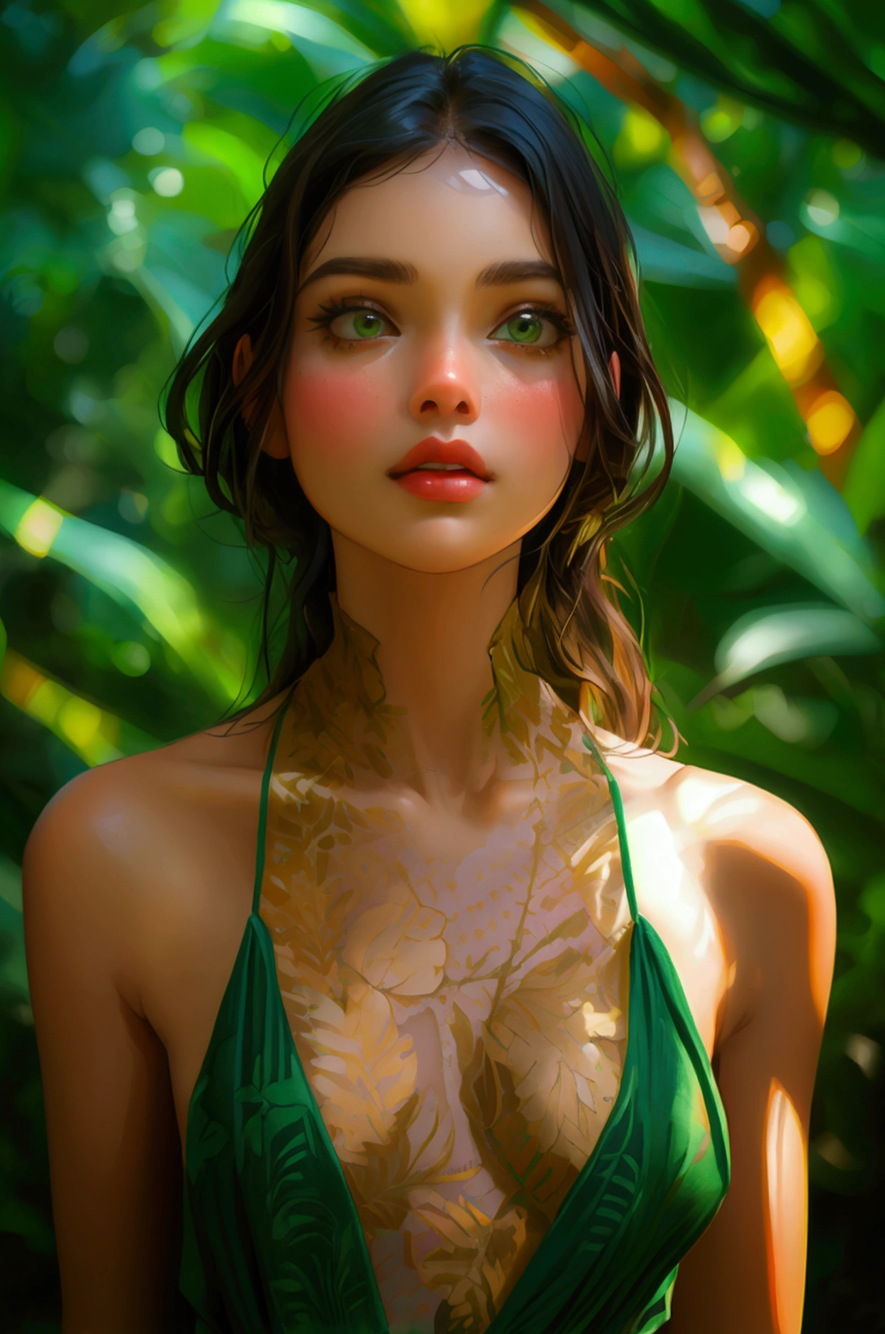 beautiful girl standing in a jungle on podium , passionately speaking about the benefits of green trees, lips moving , full girl, cute girl, very beautiful background wearing green dress