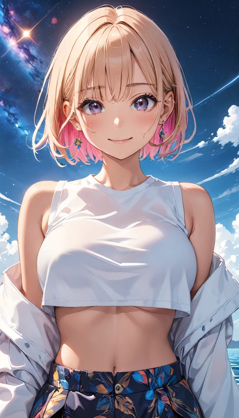 anime illustration, ((((highest quality)))), (((Ultra-precision CG 16K))), (((masterpiece))), BREAK skinny body, slender waist, medium Breasts, (((perky breasts))), ((sagging breasts)), (covered nipples),  (((tanned skin, tan lines))) , BREAK ( smiling, blush, determined expression, sweaty , Heavy breathing, embarrassed, ) , (natural make), BREAK narrow eyes, (streaked hair, hair intakes, colored inner hair, ) BREAK (((wearing printed oversized clothing , wearing wide-leg-pants, breasts is covered by outfit, (detailed panty), Narrow aisles,))) , wearing earrings , BREAK ( stick breast out,  bending over, all four, )) BREAK  (( ripples , horizon , under the cosmic sky on the cosmic sea , cosmic effects)), (((close-up of face, bust-up shot,  looking at viewer, ))), BREAK ((cinematic , from front , from below , (Distant view, Panorama), looking at viewer, )) , pinup magazine pose,