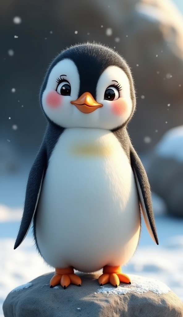 Penguin: The bird has a chubby body with black and white feathers. Its belly and face are white, while its back, head and wings are black. Cute face: The penguin's face has big, round and sparkling eyes, along with long eyelashes that create an innocent and adorable feeling. He has pink cheeks and a small orange beak, creating a very friendly and endearing appearance. Pose: The bird stands on a rock, with two small orange legs. Standing with straight back and funny expression, creating a cute and approachable look. Environment: The background fades, highlighting the penguin. It looks like he's standing in a snowy environment, with rocks and natural light creating a warm scene.