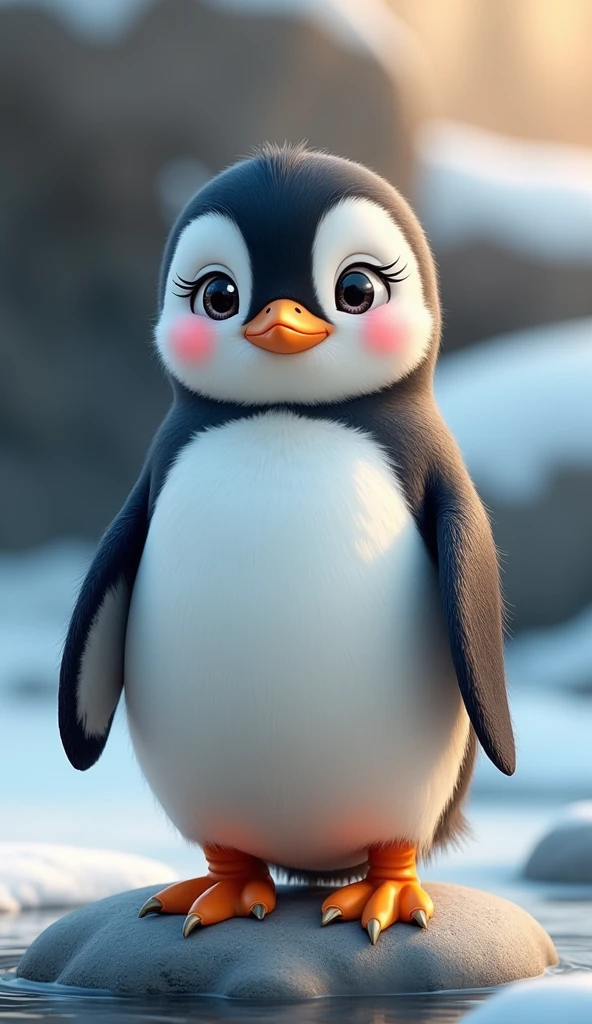 Penguin: The bird has a chubby body with black and white feathers. Its belly and face are white, while its back, head and wings are black. Cute face: The penguin's face has big, round and sparkling eyes, along with long eyelashes that create an innocent and adorable feeling. He has pink cheeks and a small orange beak, creating a very friendly and endearing appearance. Pose: The bird stands on a rock, with two small orange legs. Standing with straight back and funny expression, creating a cute and approachable look. Environment: The background fades, highlighting the penguin. It looks like he's standing in a snowy environment, with rocks and natural light creating a warm scene.