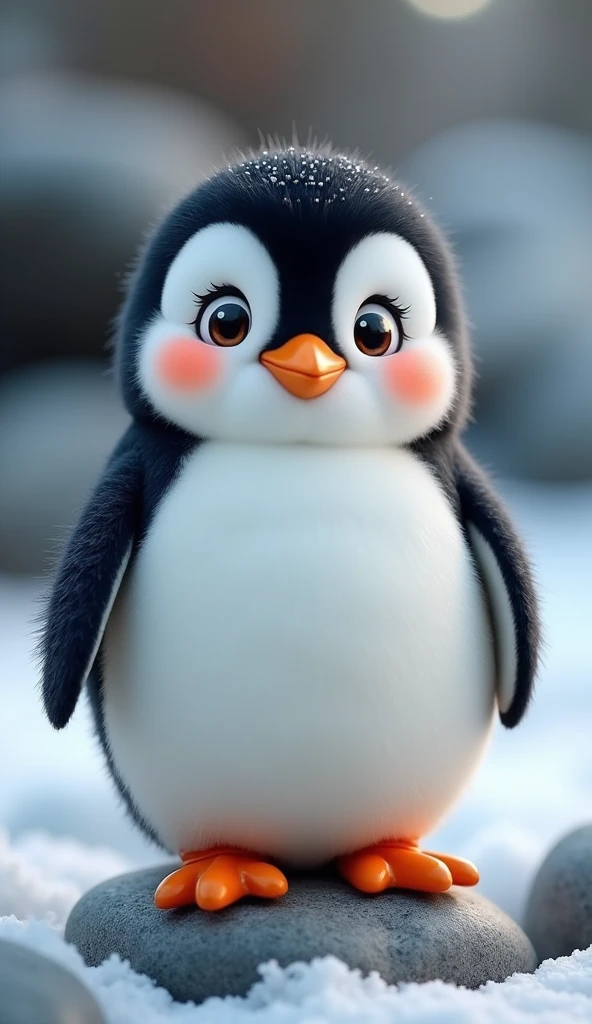 Penguin: The bird has a chubby body with black and white feathers. Its belly and face are white, while its back, head and wings are black. Cute face: The penguin's face has big, round and sparkling eyes, along with long eyelashes that create an innocent and adorable feeling. He has pink cheeks and a small orange beak, creating a very friendly and endearing appearance. Pose: The bird stands on a rock, with two small orange legs. Standing with straight back and funny expression, creating a cute and approachable look. Environment: The background fades, highlighting the penguin. It looks like he's standing in a snowy environment, with rocks and natural light creating a warm scene.