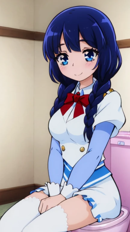 8k ,braids, huge natural breasts, seductive pose, shy embarrassed smile, hashira uniform, sexy hips, sitting on toilet ,reika "Cure Beauty, Chloe, Glitter Breeze" Aoki,Bluehair,Blue pupil,