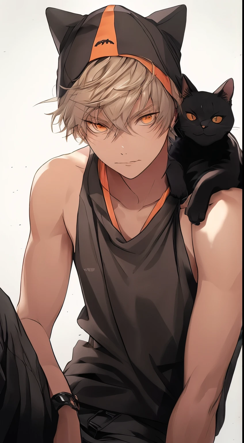 Beautiful man, grey, medium hair, orange eyes, Black tank top, cool eyes, long eyes , biceps, put a black cat on your shoulder,