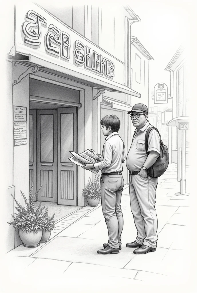 Draw a pencil drawing of two person standing
out side local tea shop with news paper