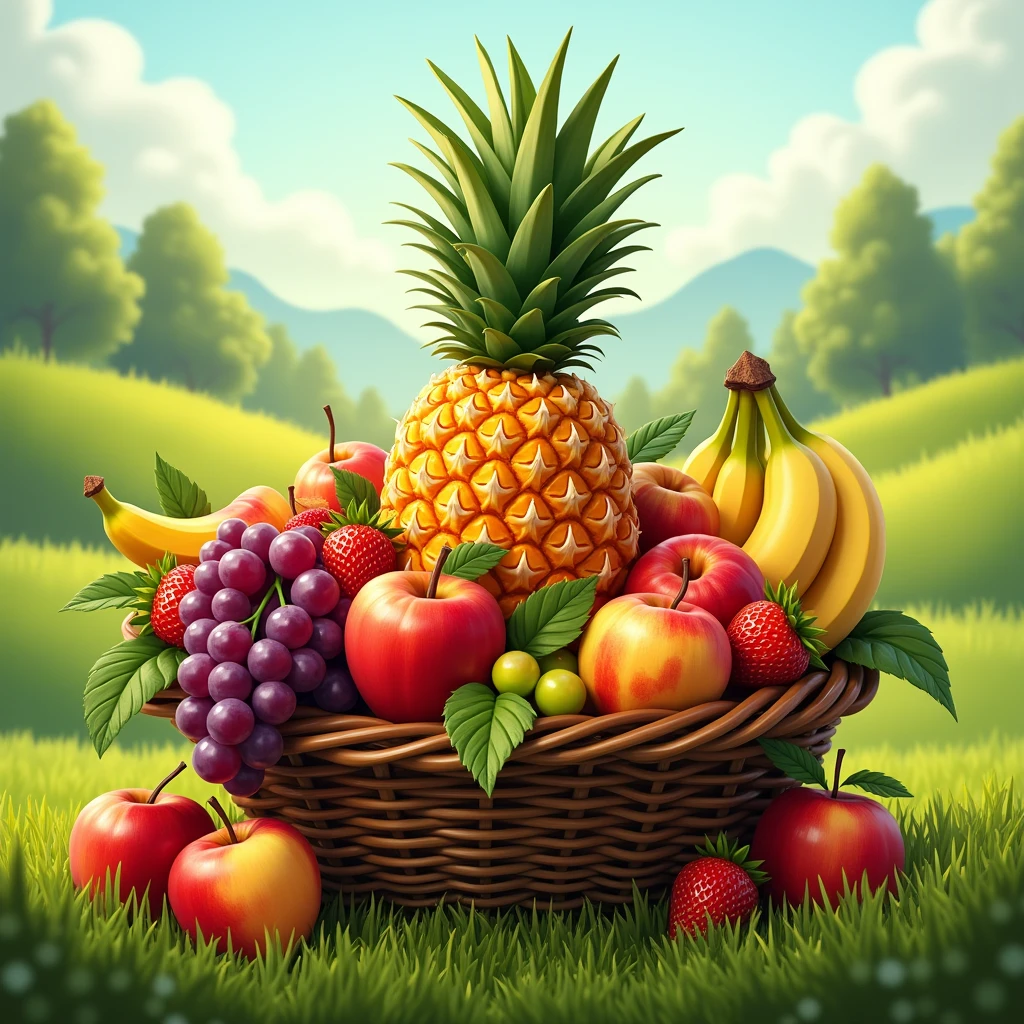 garden,grassland,Fruit basket,The main body is a pineapple,Some apples around,strawberry,banana,peach,Grape