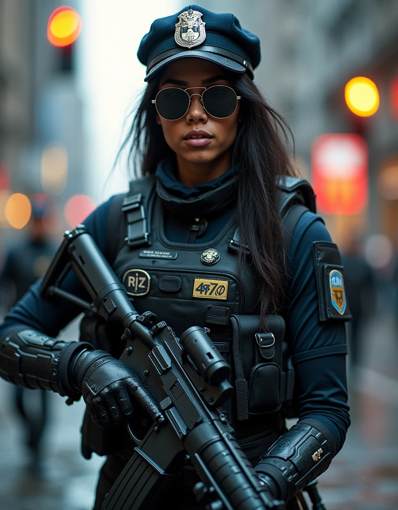 score_9, score_8_up, score_7, photograph, artistic photorealism, detailed, bokeh, perfect balanced, deep fine borders, smooth, artstation, futuristic, dof,
1girl, female police officer, cyberpunk, futuristic tactical armor, heavy armored vest, cybernetic arm, holster, military cap, military sunglasses, native american, dark skin, tattoos, action pose, cinematic angle,