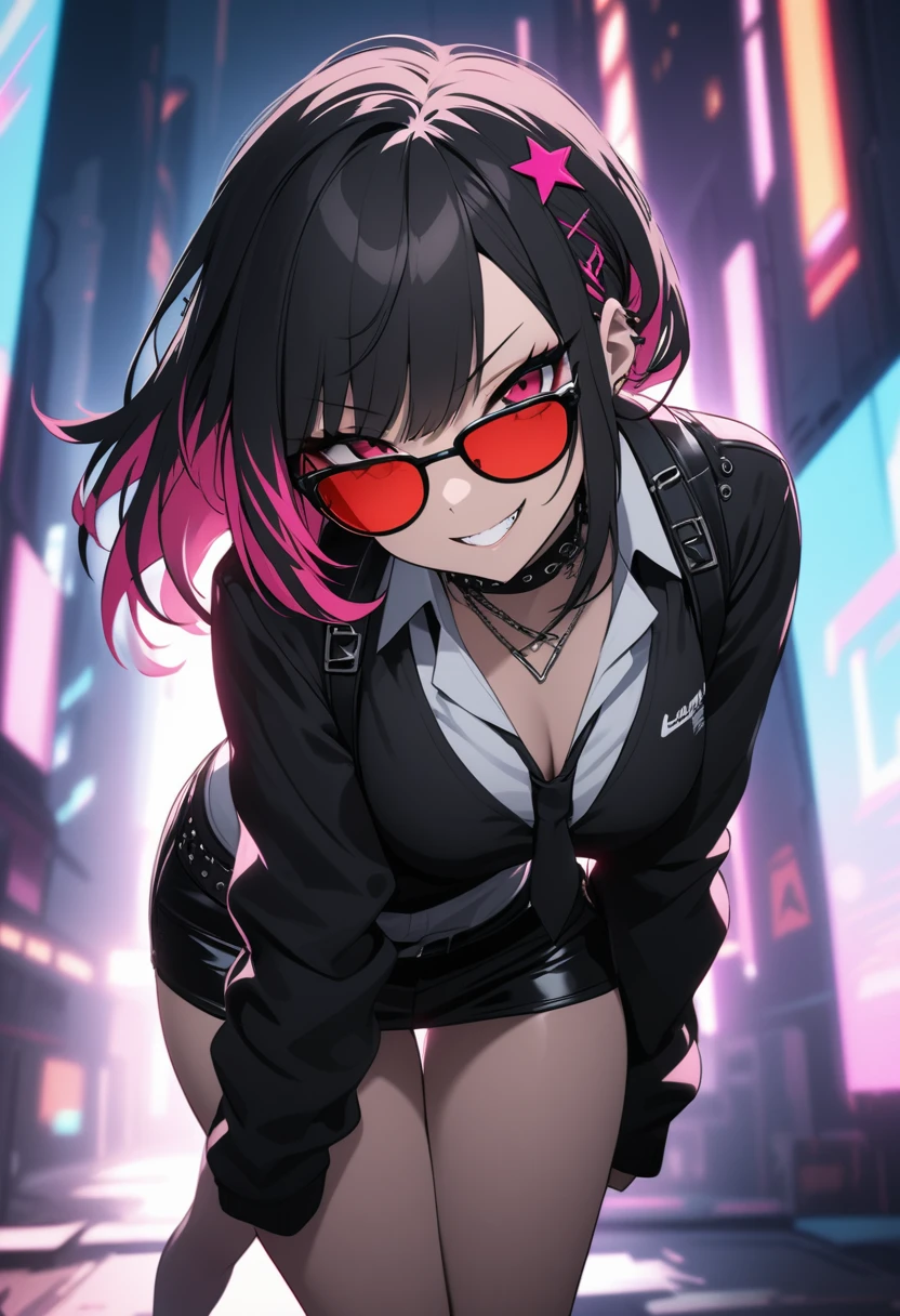 High Quality, Masterpiece, 1girl, cute, gyaru, ((two tone hair)), (black hair), pink hair, black gothic punk clothing, red sunglasses on her head, Cyberpunk futuristic background with mechanical elements, Dramatic lighting with high contrast between black, red, and white, Dynamic pose with scattered star-like effects for added motion, seductive smile, grin, leaning forward, Edgy and cool atmosphere