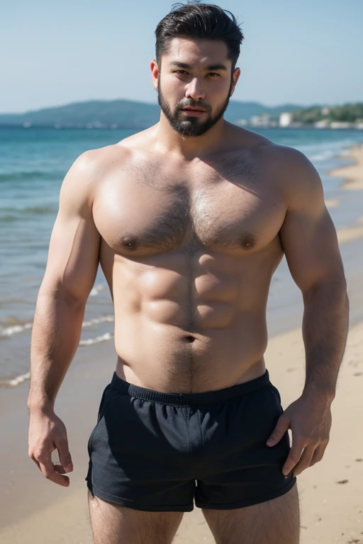 ((best quality)), ((masterpiece)), (detailed), perfect big detailed hairy plump muscle man in bath , beard, dark skin color, skinhead, Japanese men, In short boxers on the beach