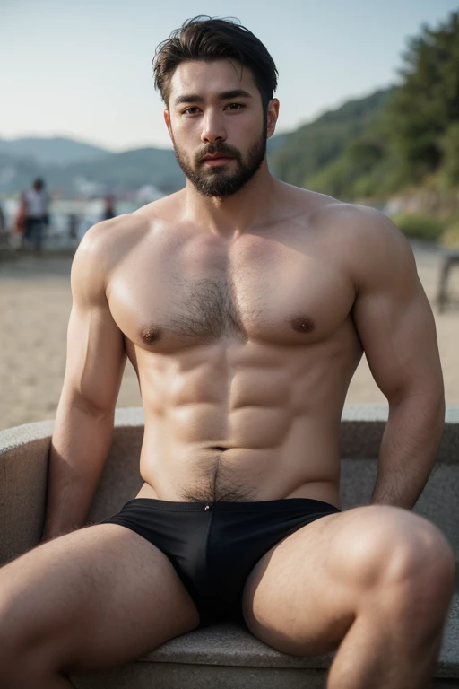 ((best quality)), ((masterpiece)), (detailed), perfect big detailed hairy plump muscle man in bath , beard, dark skin color, skinhead, Japanese men, In short boxers on the beach 