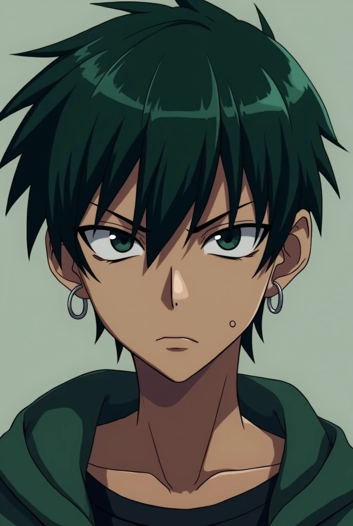 Anime boy, short dark green hair, irritated eyes, two hoop earrings on the left side, clear facial structure, teenager, strong man.