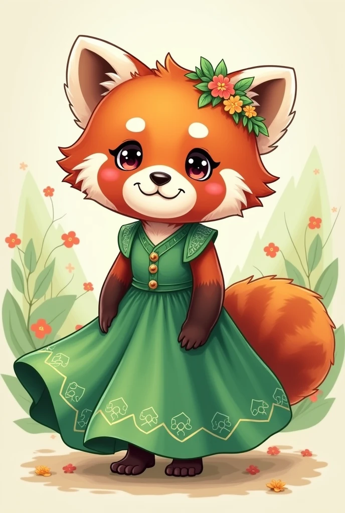 A cartoon of a red panda wearing a green dress