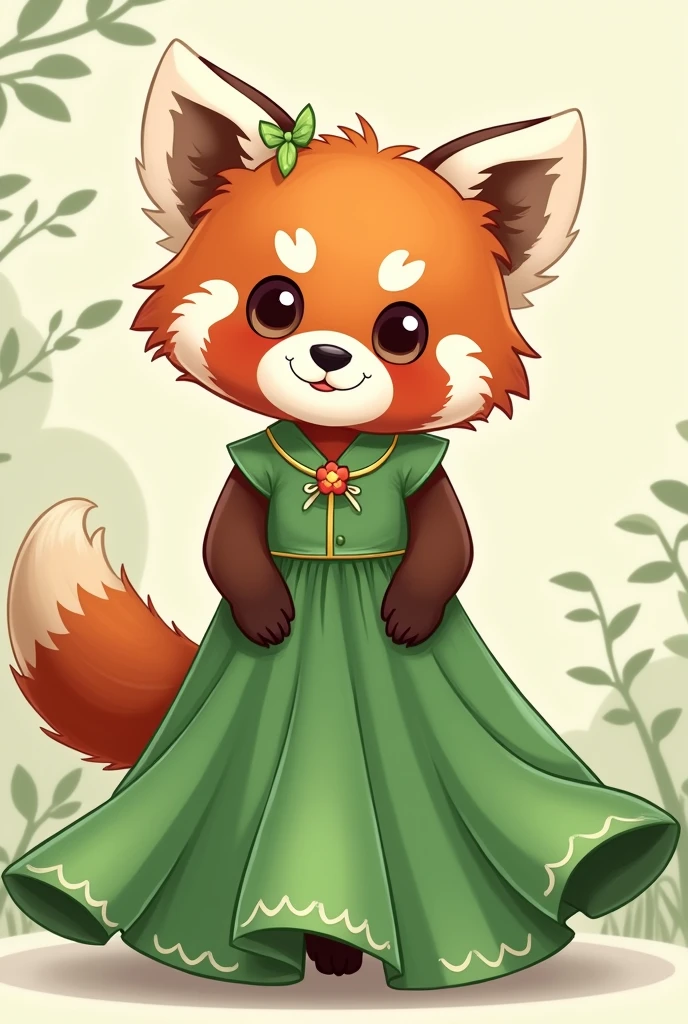 A cartoon of a red panda wearing a green dress