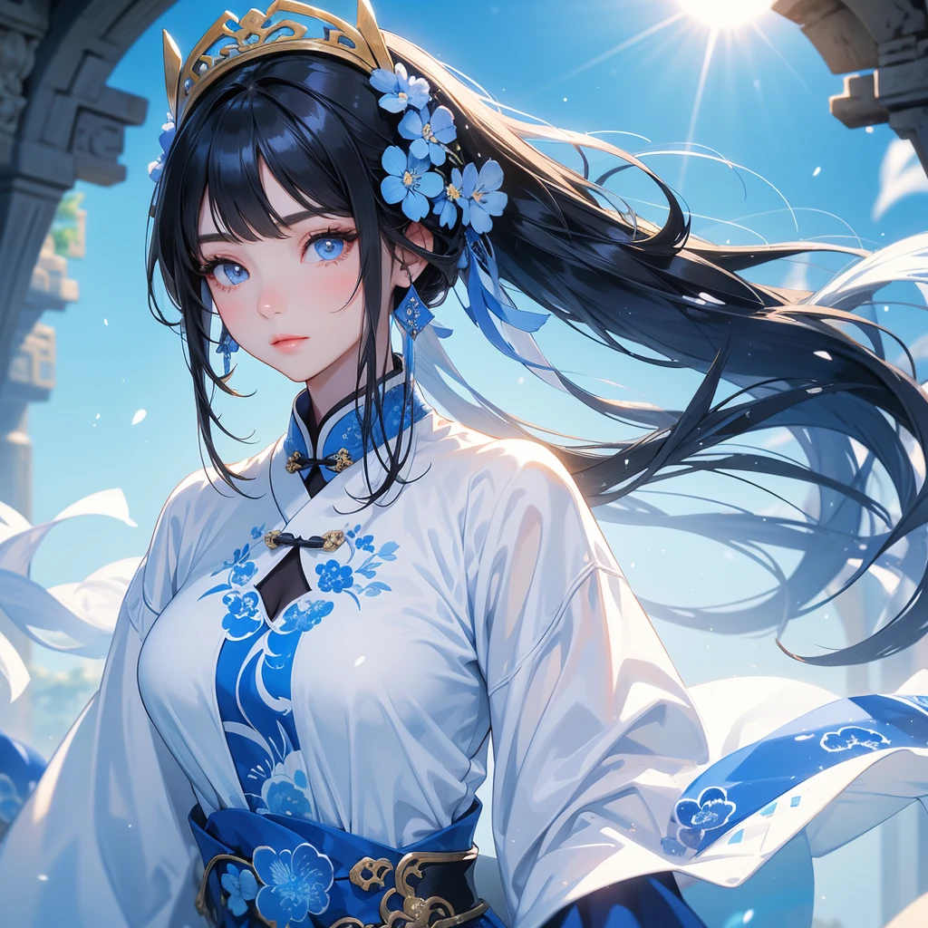 A beautiful girl with black long hair, wear white ancient chinese clothes, Walking Strolling among the Nemophila fields Glowing blue, with the sun shining on her face, close up.