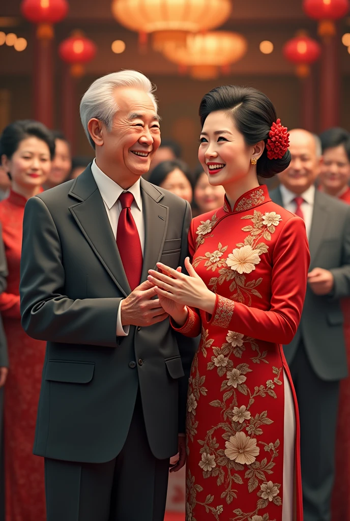 An elderly couple at a wedding,Men's charcoal grey suit,Women wearing cheongsam。Asian。Smiling and blessing the newlyweds。