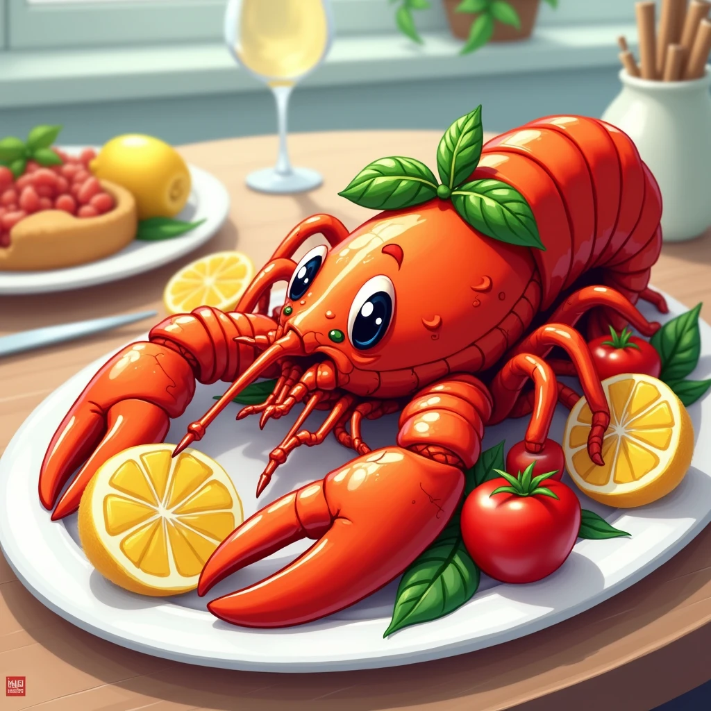 Dining room，A large white plate，A bright red Boston lobster，Some lemons around，tomato，basil leaves，A cartoon-like style