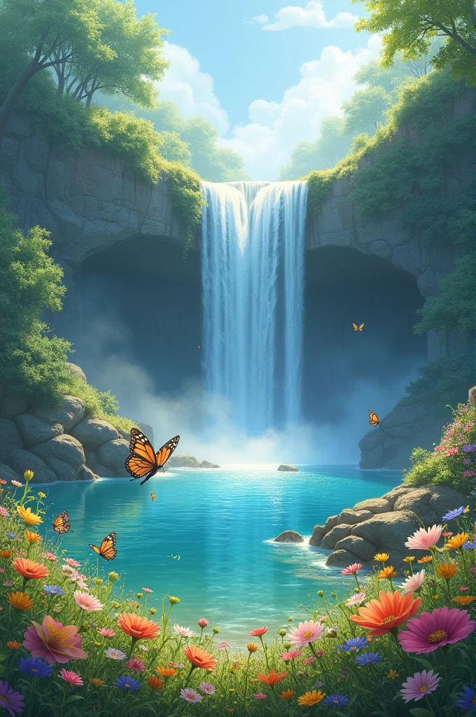image that have waterfall,flowers,grass,colourful butterflies and make my mind peaceful when I see