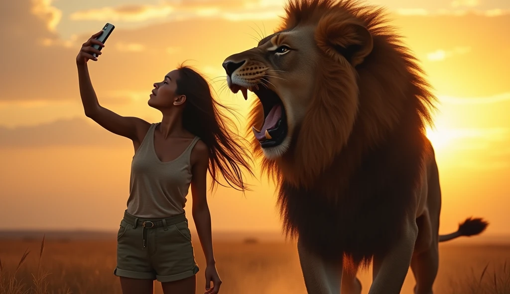 A  girl nervously holds up her phone for a selfie as a massive lion, with its mouth wide open in a fierce roar, stands beside her. The girl's expression is a mix of awe and terror, her hair and the lion’s mane both being blown by a strong wind. The savanna stretches out behind them, with the setting sun casting long, dramatic shadows.