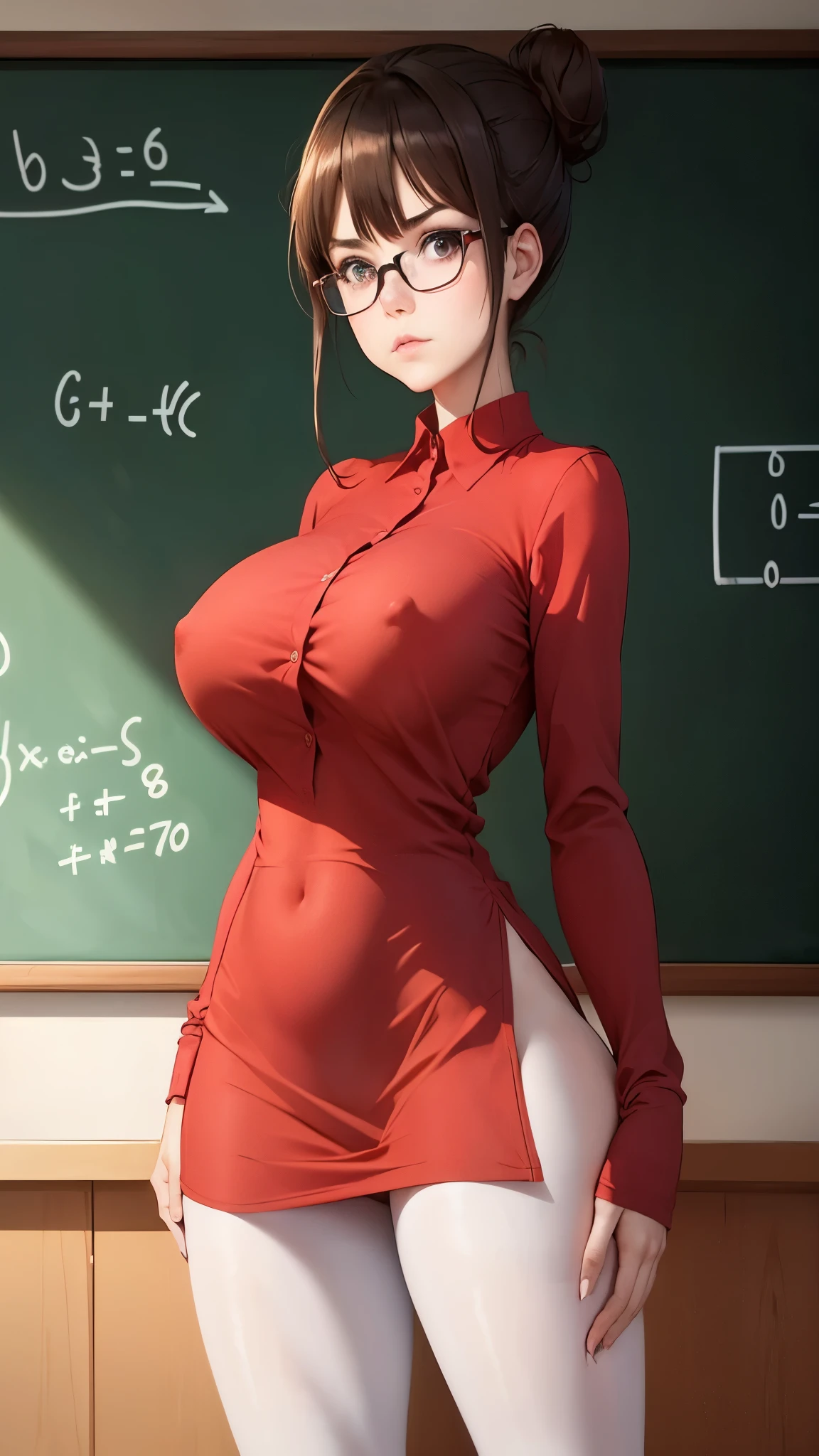 (young brunette teacher in front of board), (bright red long sleeve wool shirt mini dress, see through), black glasses, natural saggy boobs, big thick hips, (huge puffy nipple), math equations on board, (writing on chalkboard) , ((hair tied into bun)) , serious face, slightly upset, cute nose, cute face, high quality, UHD, Masterpiece, white pantyhose, no panties, light and dark, light and shadow, (strong stance)