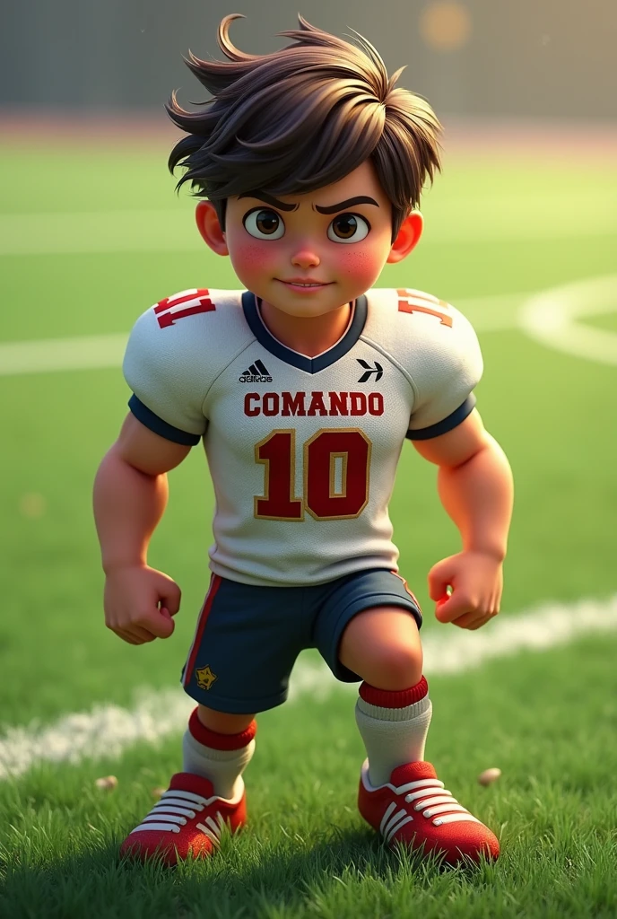 milosh , an 12 year old boy, cute, brown skin, happy and kind eyes, fun, with a ball, wearing his nike blue and white football jersey number 3