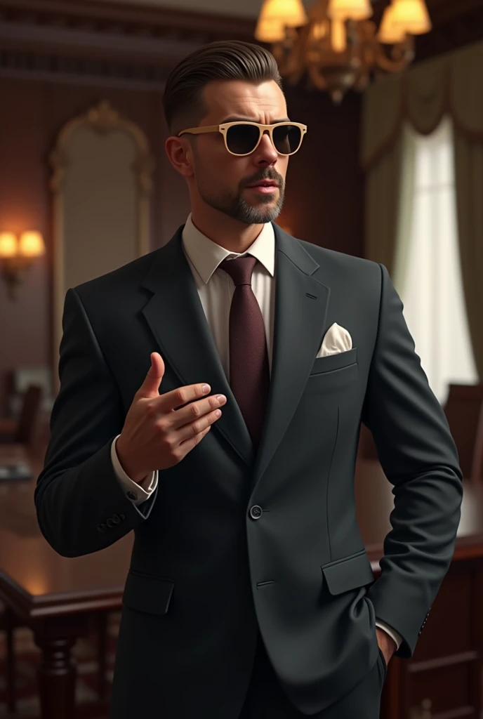 A man how suggest something , wearing formal dress with a classic sunglass formal haircut
