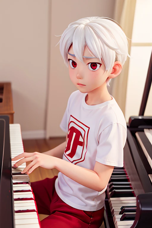 male、16age、White Hair、Red eyes、White T-shirt、Light Skin、Gentle expression、Black trousers、Playing the piano、