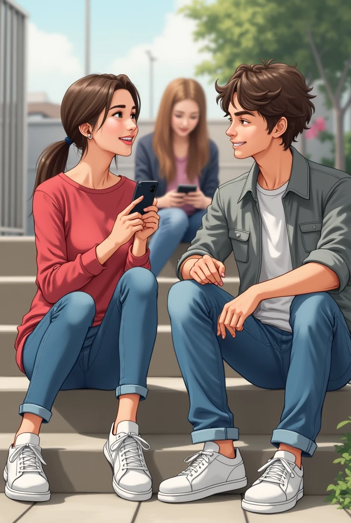 1 girl and 1 couple is sitting on the stairs and talking, the girl is wearing a red top and jeans and the boy is wearing a grey shirt and jeans and both are wearing white shoes, a girl friend of both of them is also sitting with them, she is using her phone. She is sitting on the stairs one below them